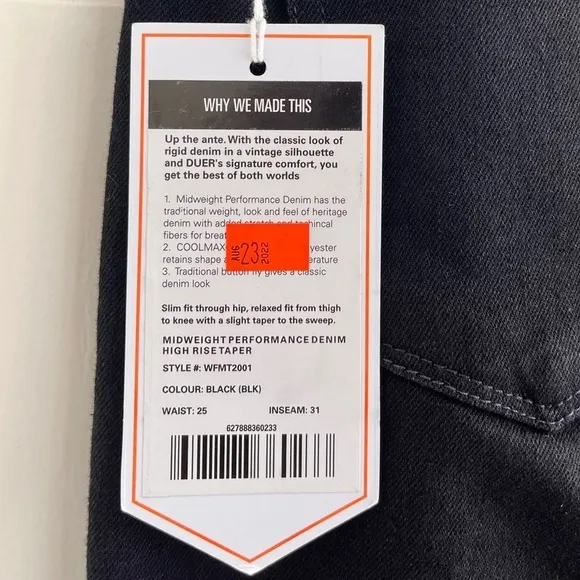 🚓 NWT Du/er Midweight Performance Denim High Rise Taper 90s Jean Black 25W 31L
