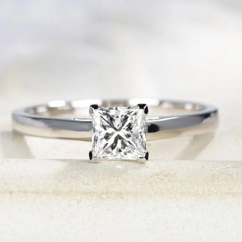 0.75CT Princess Moissanite white gold ring- Unique Love Ring- diamond wedding ring- bridal anniversary gift- vintage jewelry