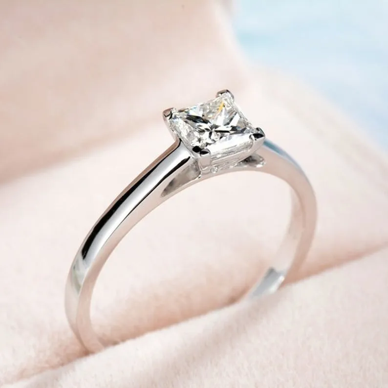 0.75CT Princess Moissanite white gold ring- Unique Love Ring- diamond wedding ring- bridal anniversary gift- vintage jewelry