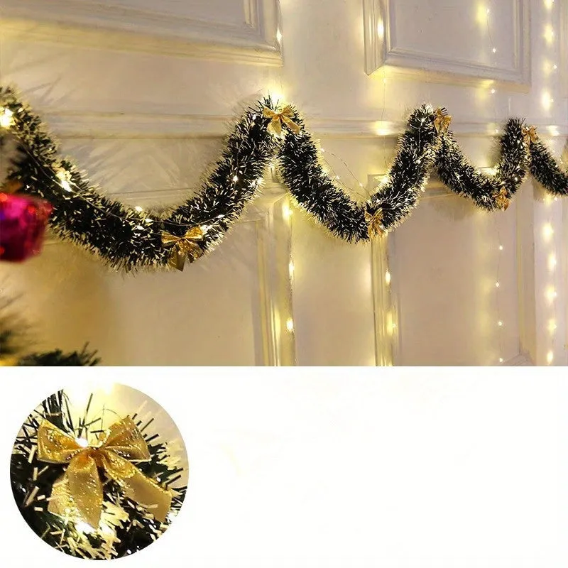 1 Set, 30LED Christmas Tinsel Garland Artificial Christmas Garland With LED Lights Battery Xmas Metallic Twist Hanging Garland Fireplace Mantel Wreath Decor For Staircase Railing Indoor Outdoor Ornaments