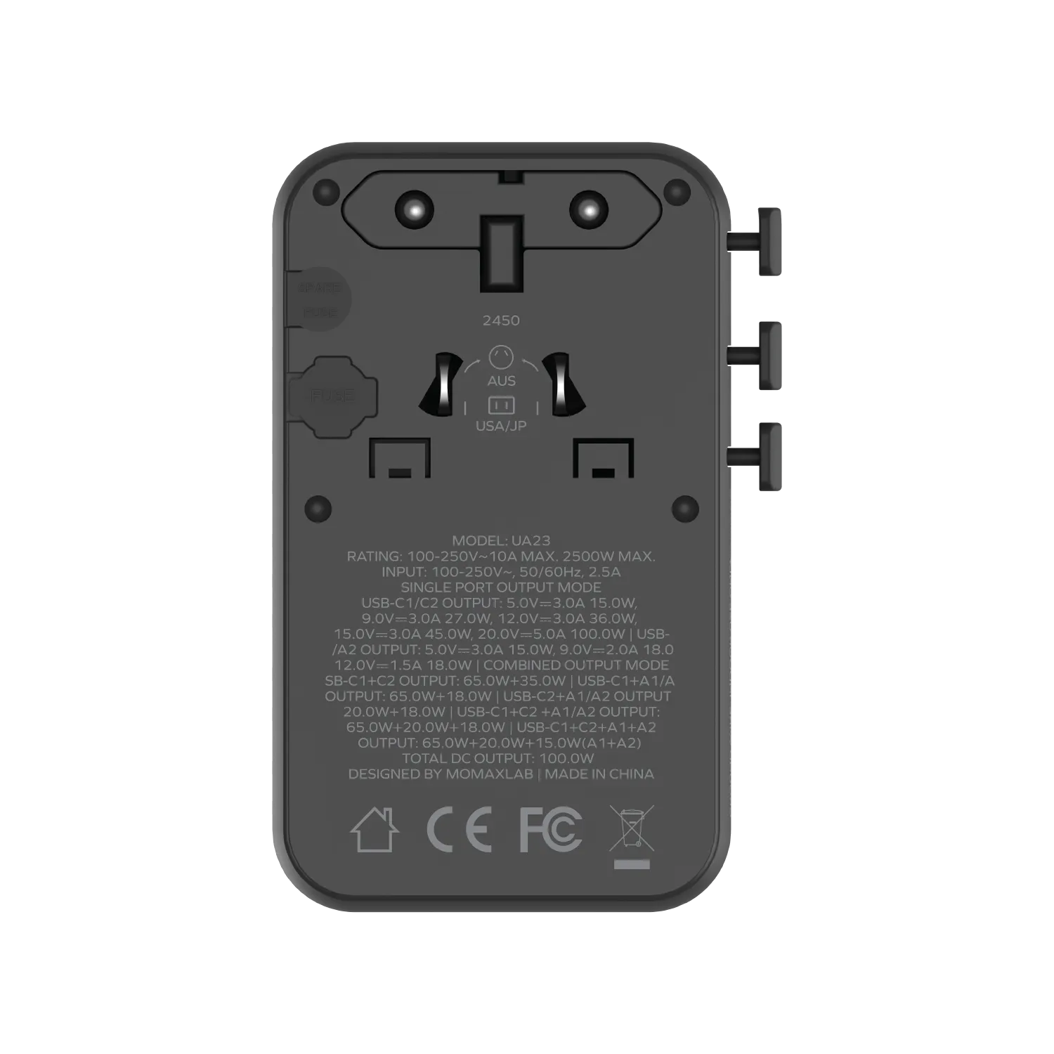 1-World²⁺ 4-Port Mini Universal Travel GaN Charger with Built-In Retractable Cable 100W with Dual AC
