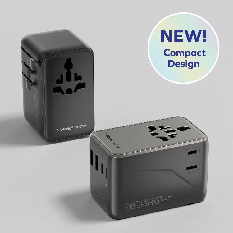 1-World²⁺ 4-Port Mini Universal Travel GaN Charger with Built-In Retractable Cable 100W with Dual AC