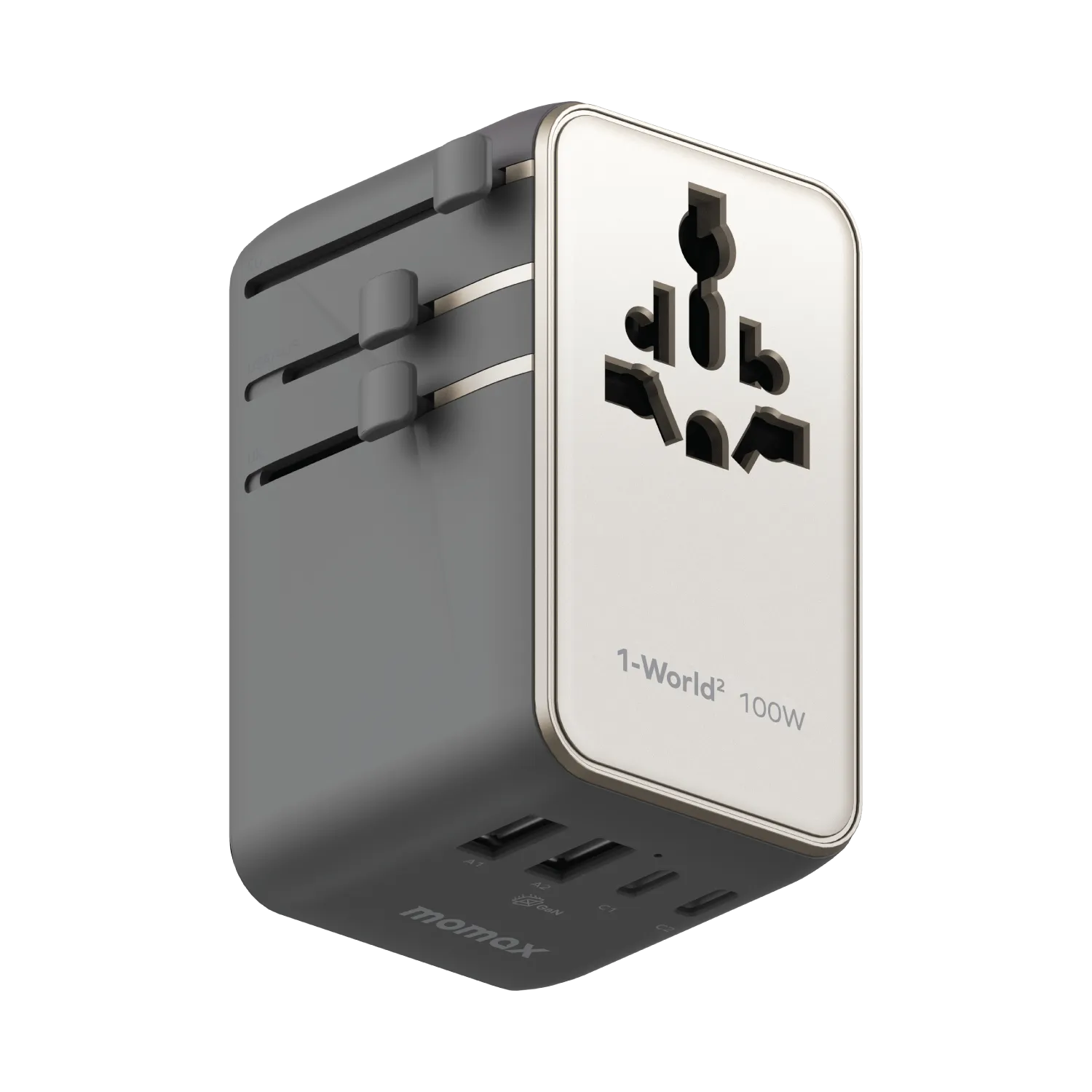 1-World²⁺ 4-Port Mini Universal Travel GaN Charger with Built-In Retractable Cable 100W with Dual AC