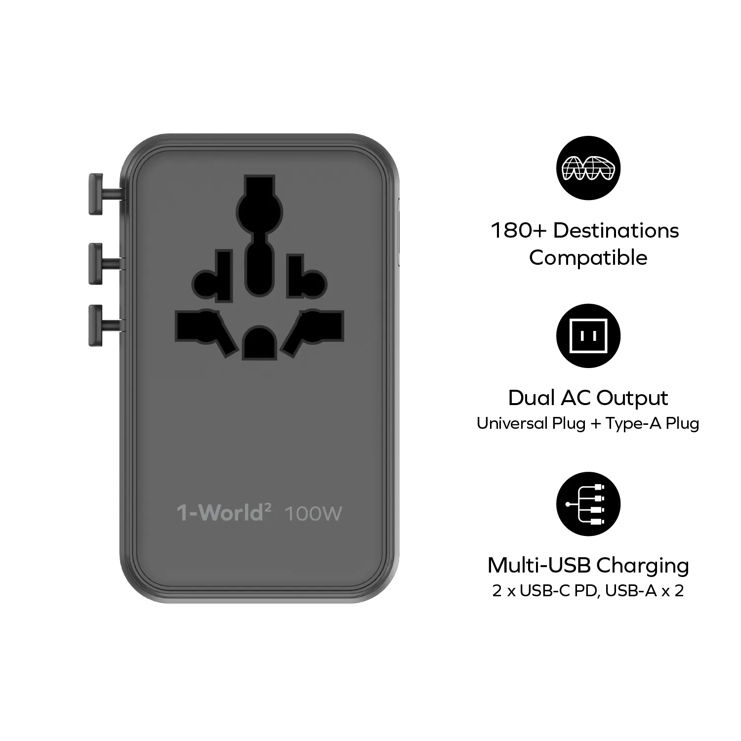 1-World²⁺ 4-Port Mini Universal Travel GaN Charger with Built-In Retractable Cable 100W with Dual AC