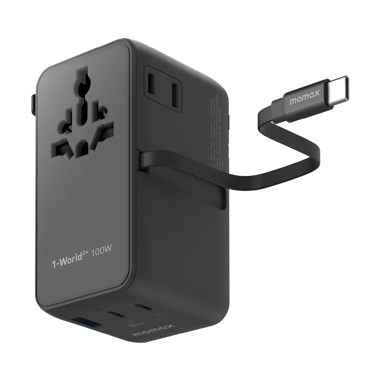 1-World²⁺ 4-Port Mini Universal Travel GaN Charger with Built-In Retractable Cable 100W with Dual AC