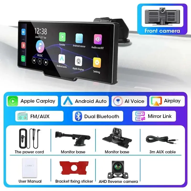 10.26" 4K Dash Cam with CarPlay - Android Auto - Dual Lens & GPS