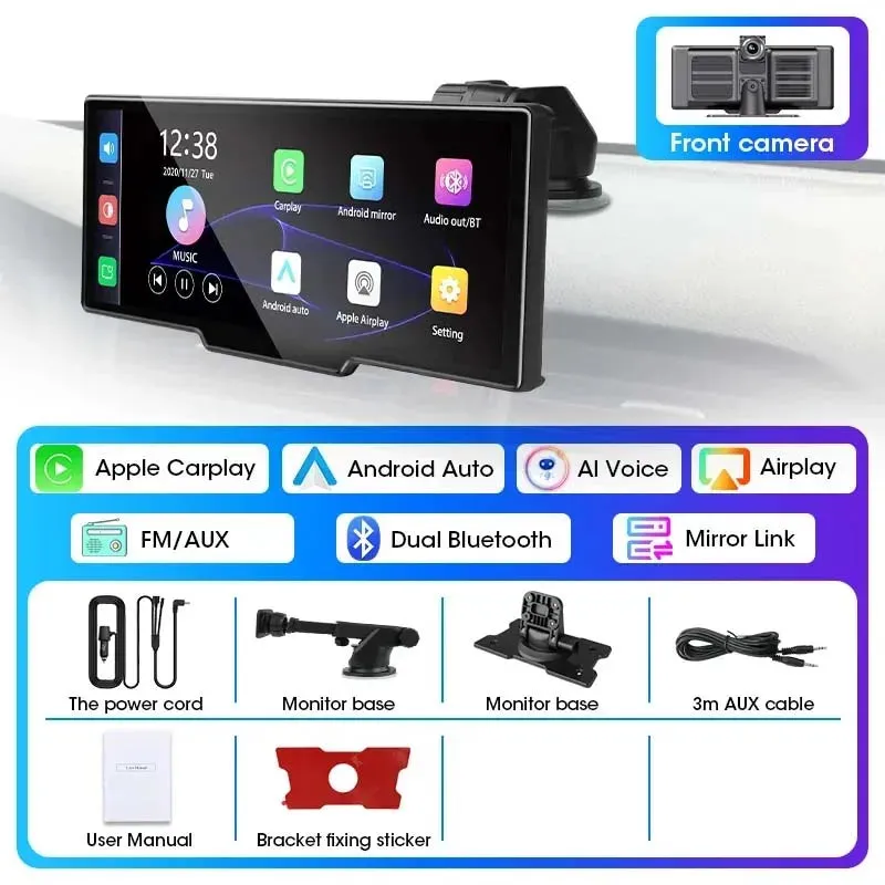 10.26" 4K Dash Cam with CarPlay - Android Auto - Dual Lens & GPS