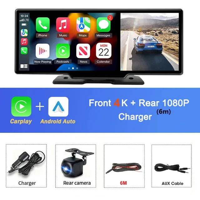 10.26" 4K Dash Cam with CarPlay - Android Auto - Dual Lens & GPS