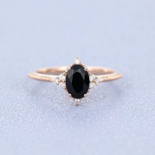 1.25ct oval shaped rose gold moissanite Black Onyx engagement ring for women Unique vintage diamond jewelry Surprise Proposal Promise gift