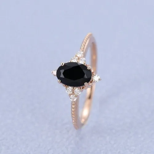 1.25ct oval shaped rose gold moissanite Black Onyx engagement ring for women Unique vintage diamond jewelry Surprise Proposal Promise gift