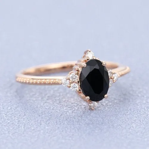 1.25ct oval shaped rose gold moissanite Black Onyx engagement ring for women Unique vintage diamond jewelry Surprise Proposal Promise gift