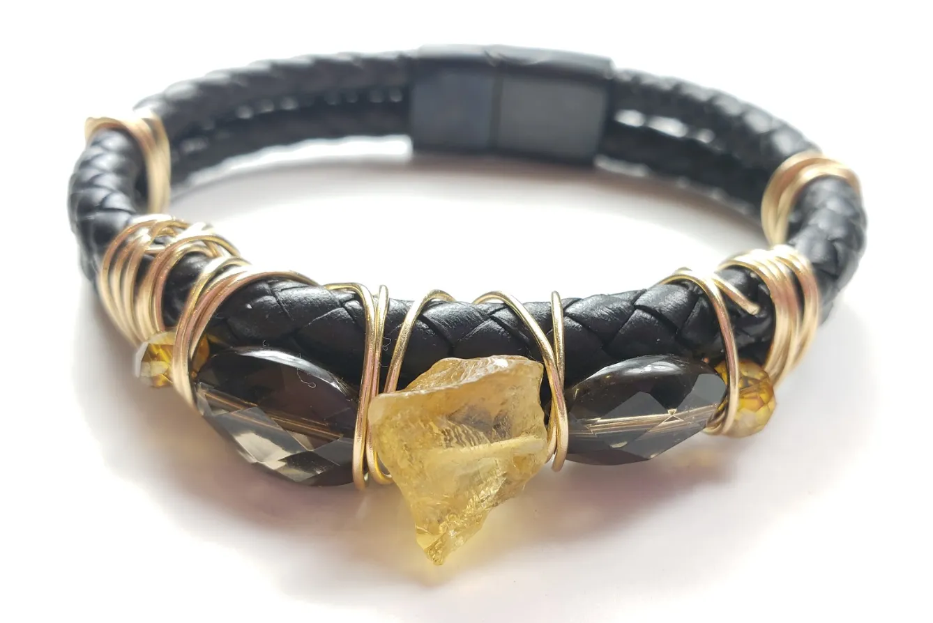 14k Citrine & smokey quartz bracelet, One of a kind crystal jewelry