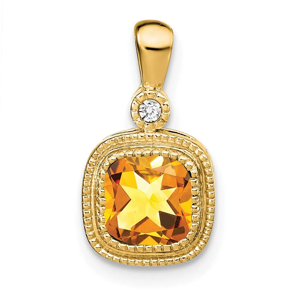 14k Cushion Citrine and Diamond Pendant