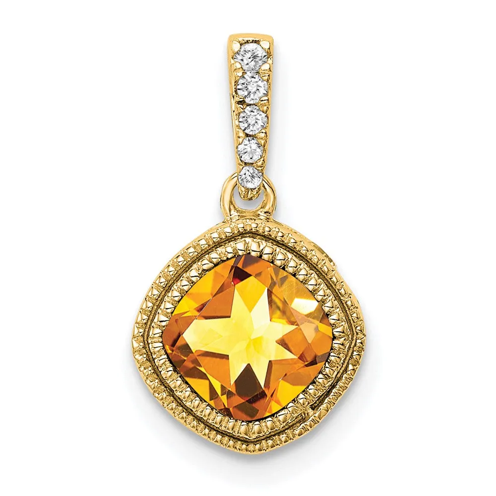 14k Cushion Citrine and Diamond Pendant
