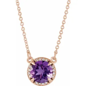 14K Rose 7 mm Round Amethyst and .04 CTW Diamond 16" Necklace