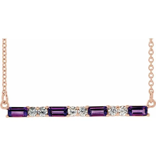 14K Rose Amethyst & 1/5 CTW Diamond Bar 16-18" Necklace