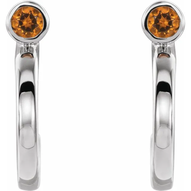 14K White 2 mm Round Citrine Bezel-Set Hoop Earrings