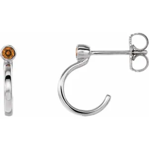 14K White 2 mm Round Citrine Bezel-Set Hoop Earrings
