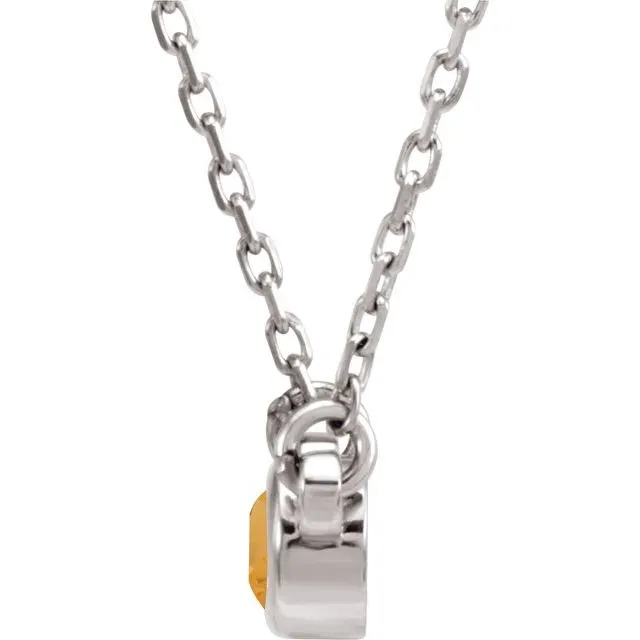 14K White 4 mm Round Citrine Bezel-Set Solitaire 16" Necklace