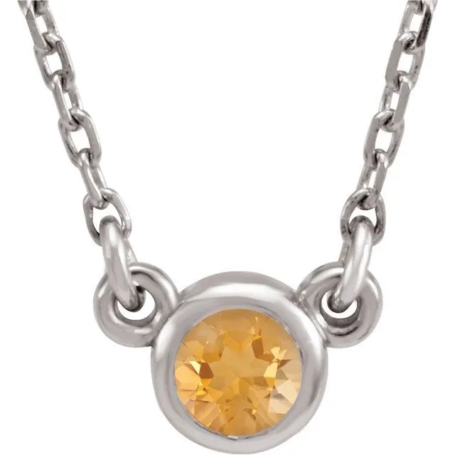 14K White 4 mm Round Citrine Bezel-Set Solitaire 16" Necklace