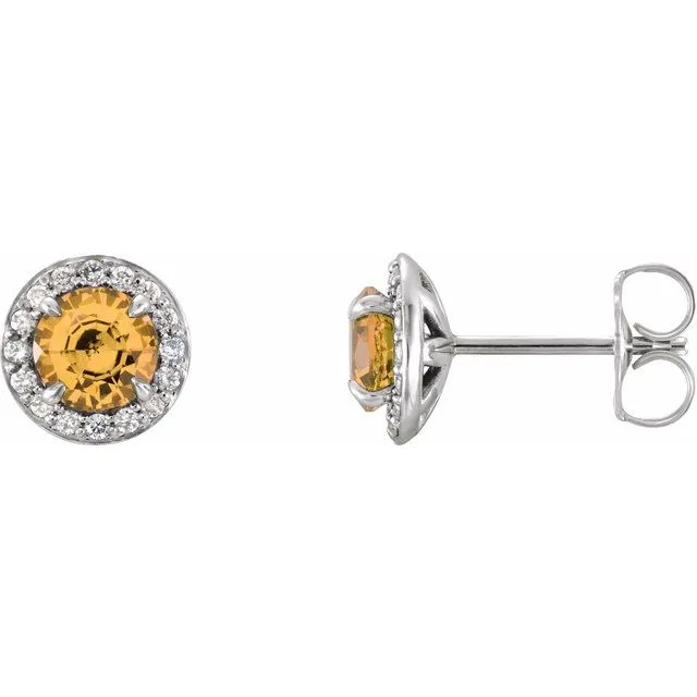 14K White 5 mm Round Citrine & 1/8 CTW Diamond Earrings