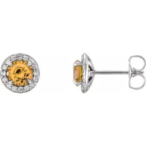 14K White 5 mm Round Citrine & 1/8 CTW Diamond Earrings