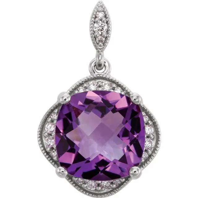 14K White Checkerboard Amethyst & Diamond Pendant