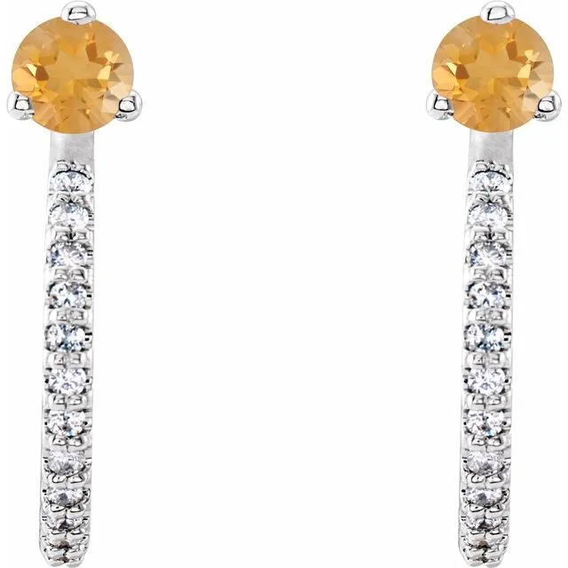14K White Citrine & 1/6 CTW Diamond Hoop Earrings