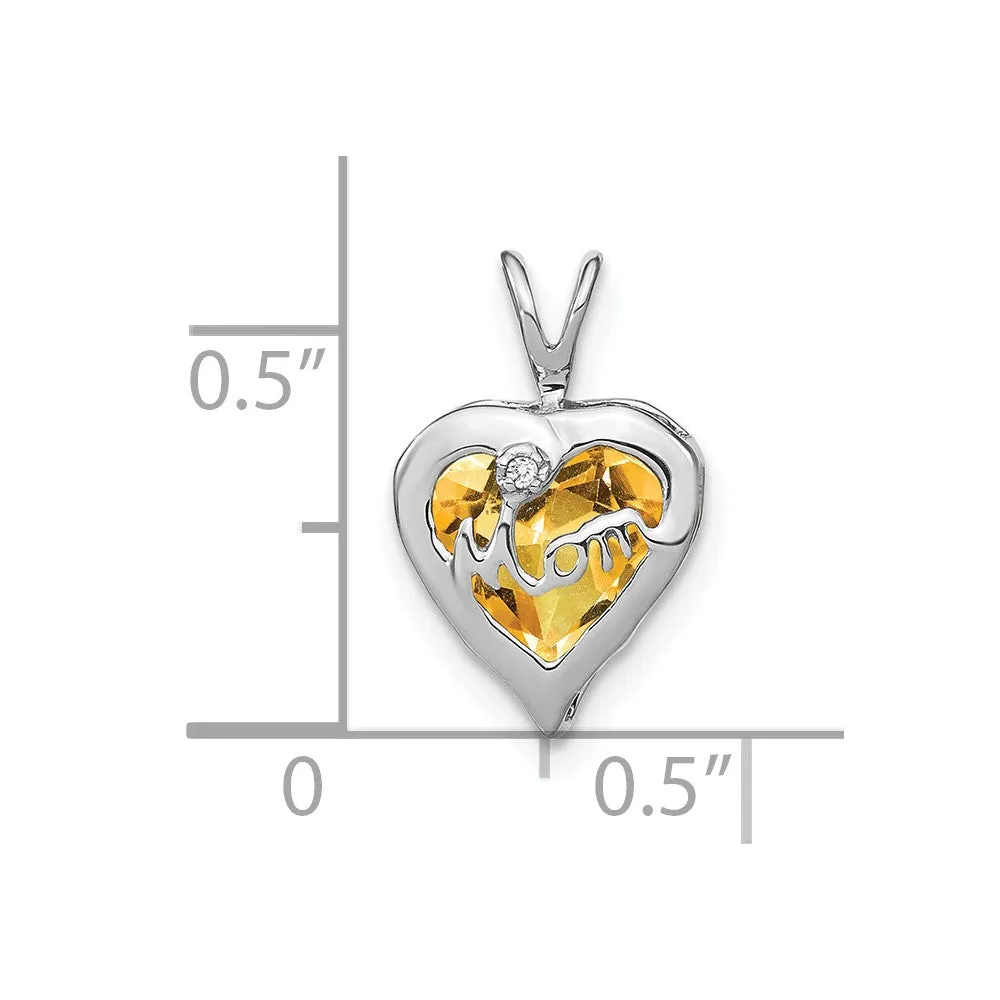 14k White Gold Citrine and Diamond MOM Heart Pendant