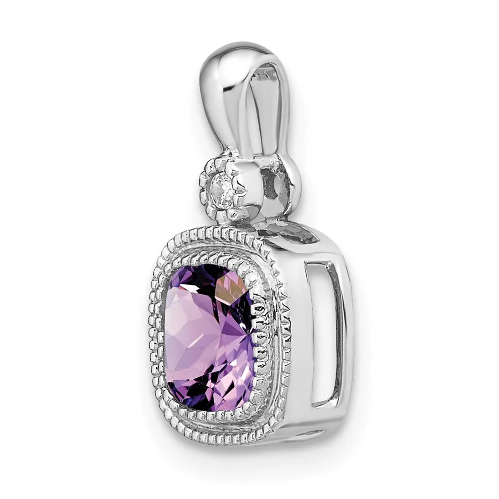 14k White Gold Cushion Amethyst and Diamond Pendant