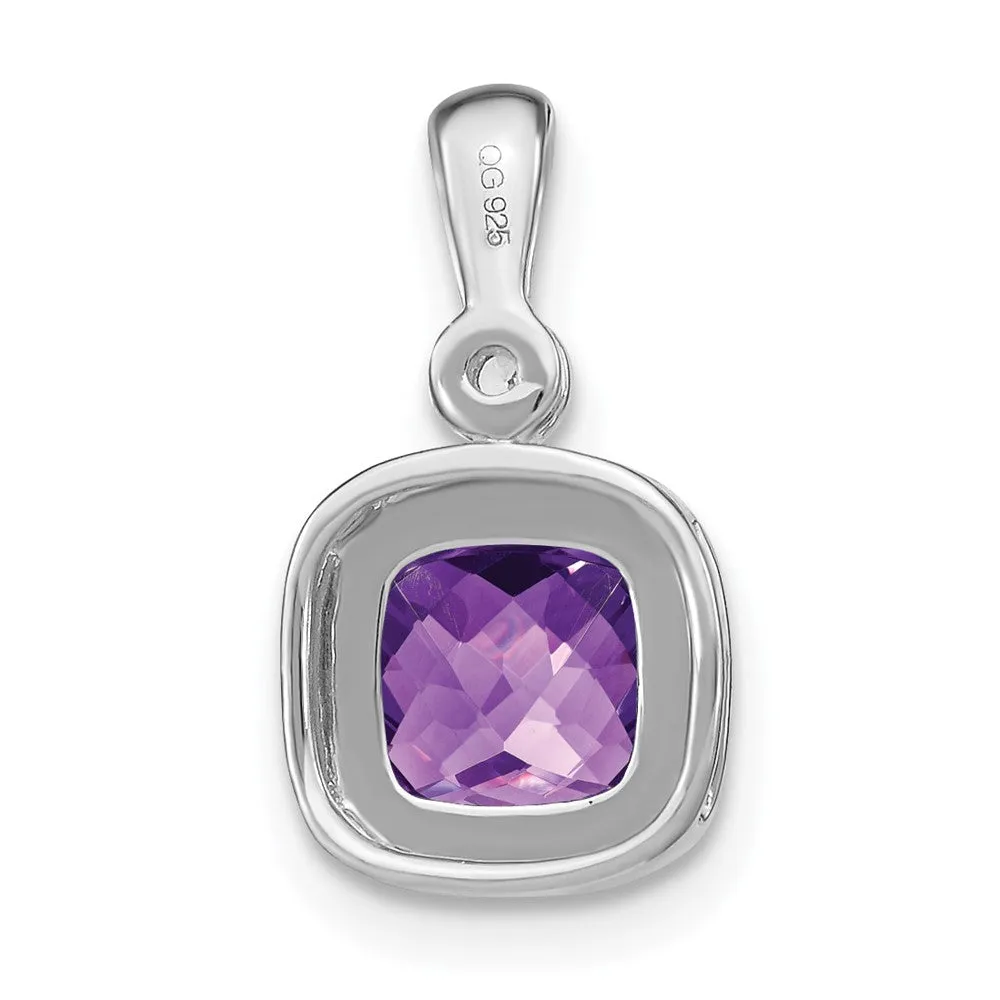 14k White Gold Cushion Amethyst and Diamond Pendant