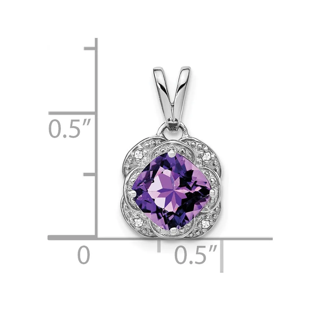 14k White Gold Cushion Amethyst and Diamond Pendant