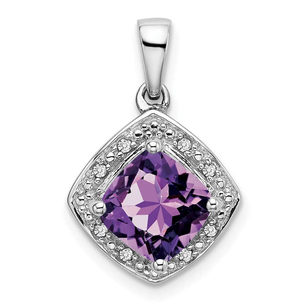 14k White Gold Cushion Amethyst and Diamond Pendant