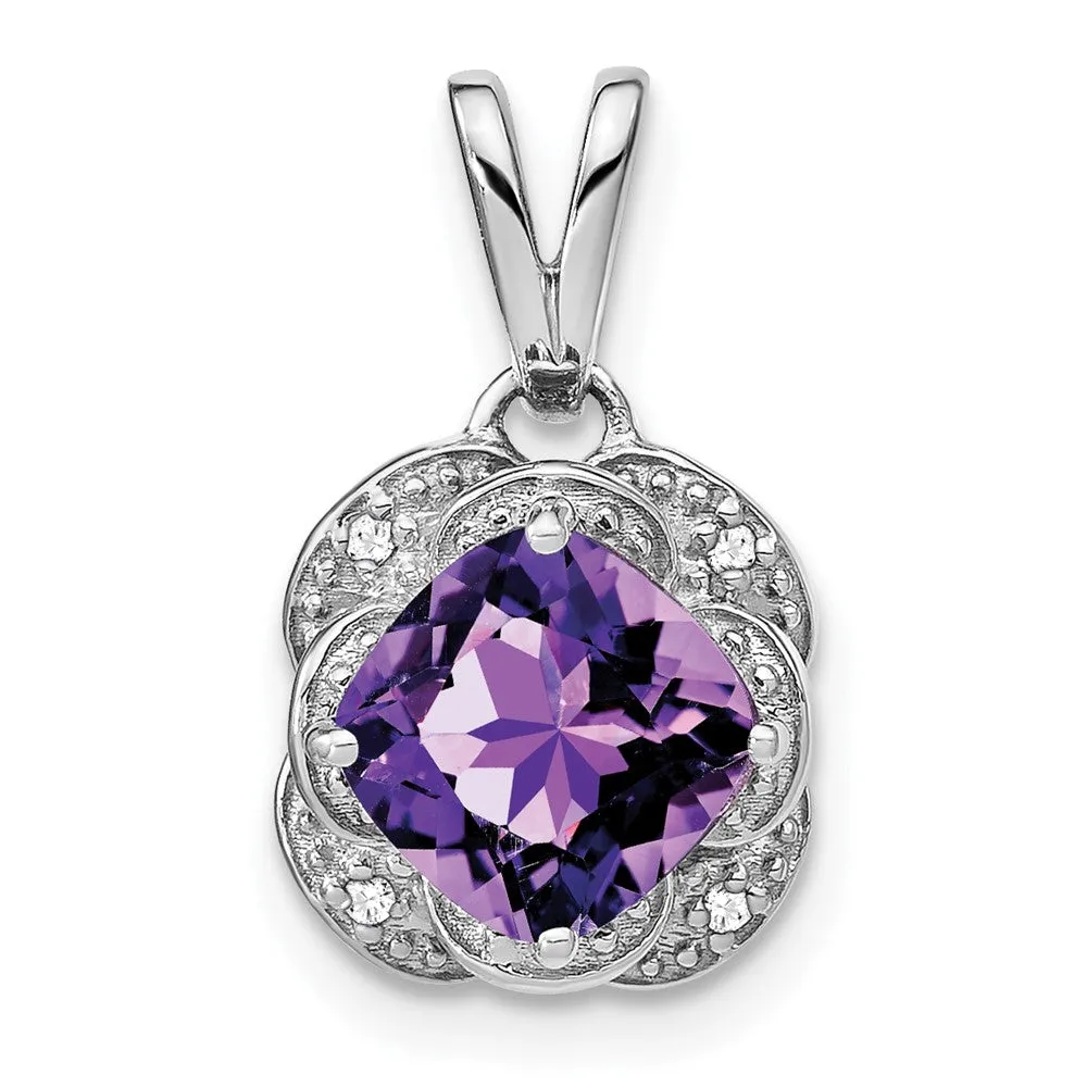 14k White Gold Cushion Amethyst and Diamond Pendant