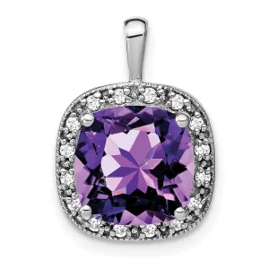 14k White Gold Cushion Amethyst and Diamond Pendant