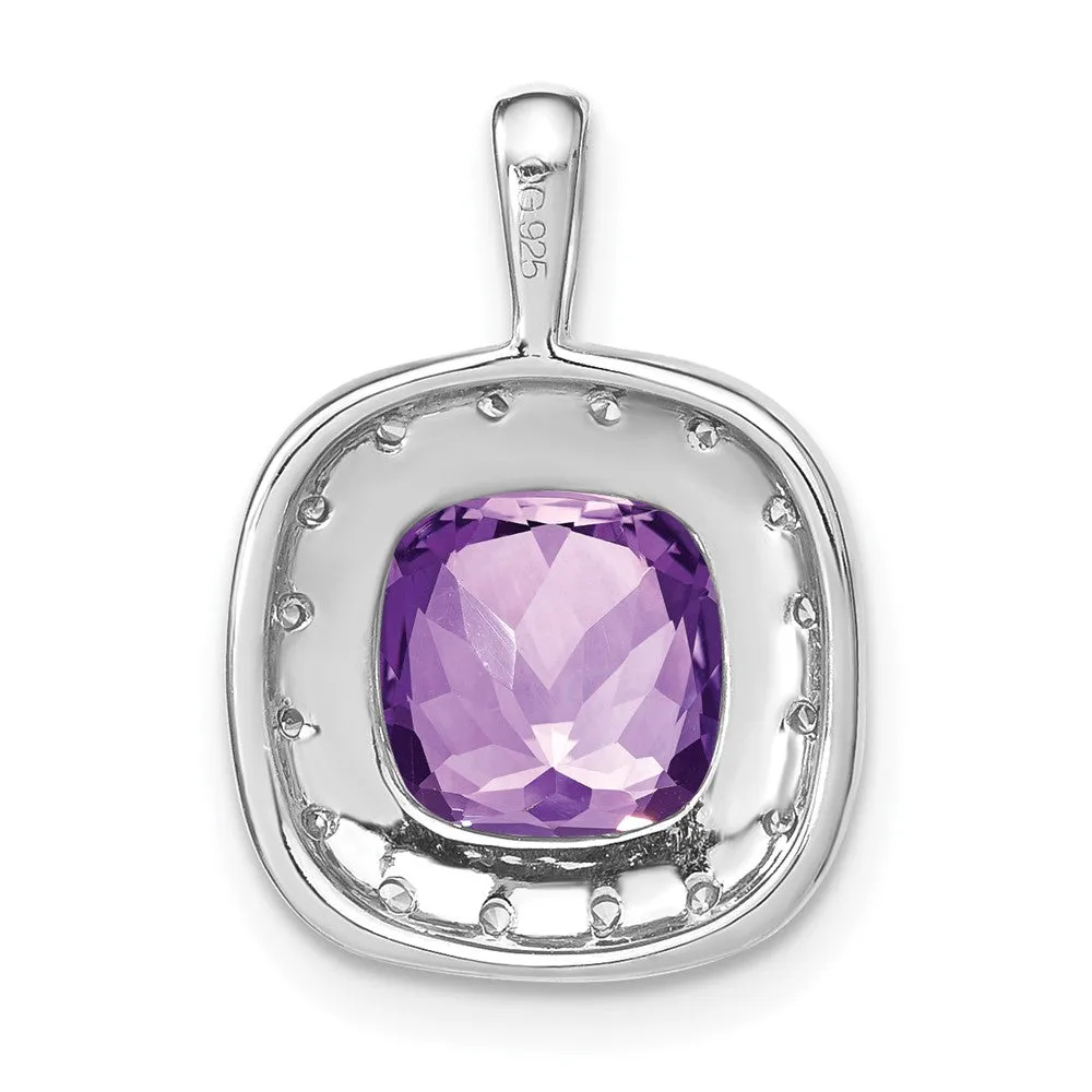 14k White Gold Cushion Amethyst and Diamond Pendant
