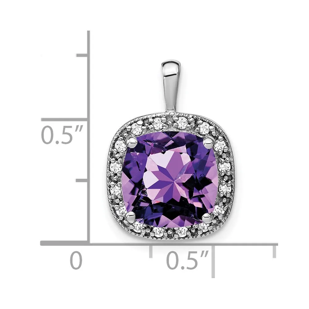 14k White Gold Cushion Amethyst and Diamond Pendant