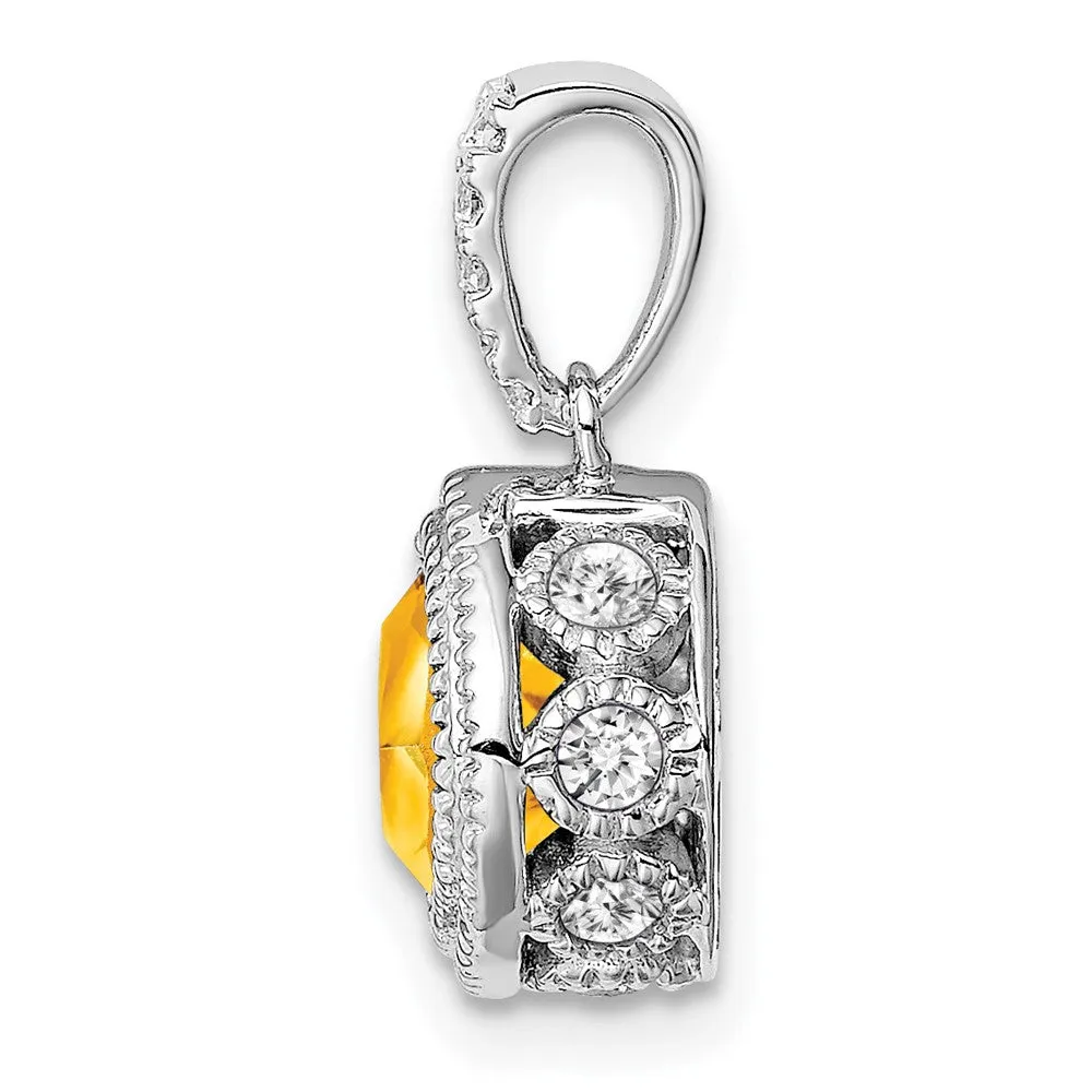 14k White Gold Cushion Citrine and Diamond Pendant