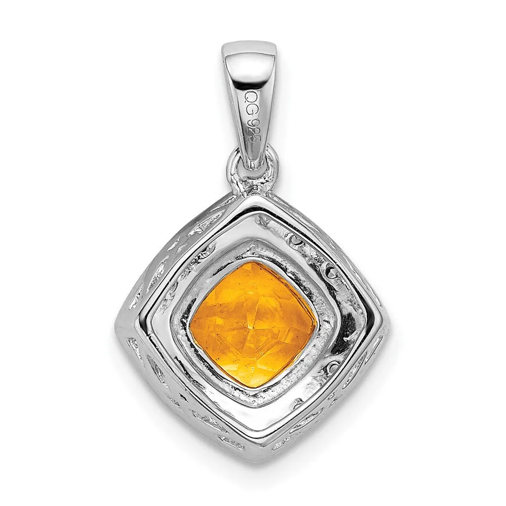 14k White Gold Cushion Citrine and Diamond Pendant