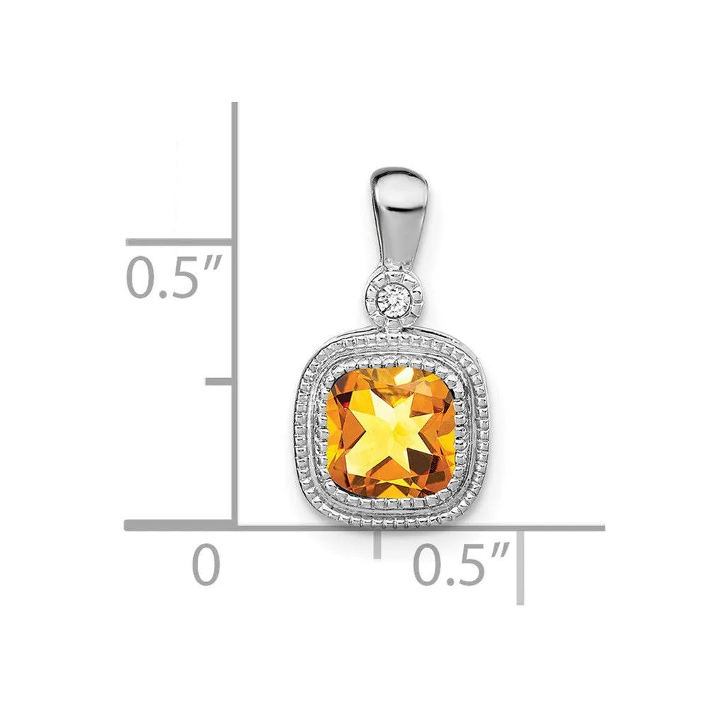 14k White Gold Cushion Citrine and Diamond Pendant