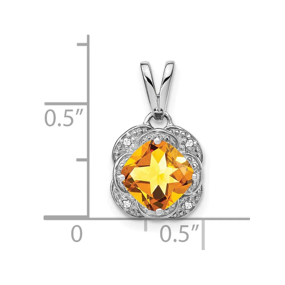 14k White Gold Cushion Citrine and Diamond Pendant