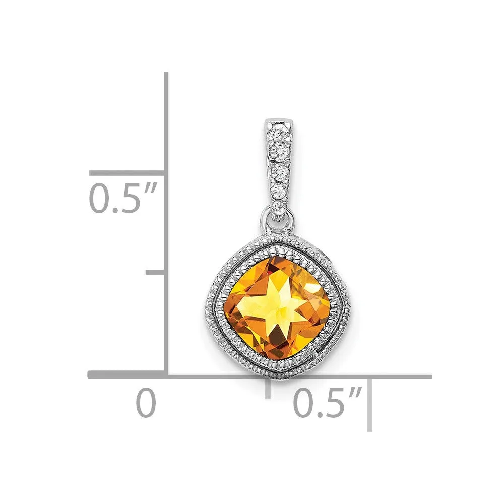 14k White Gold Cushion Citrine and Diamond Pendant
