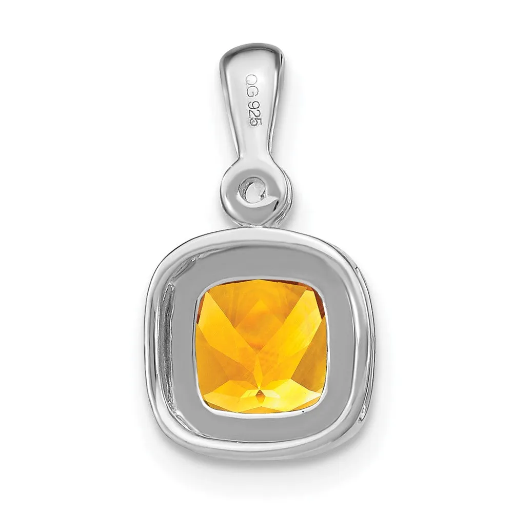 14k White Gold Cushion Citrine and Diamond Pendant