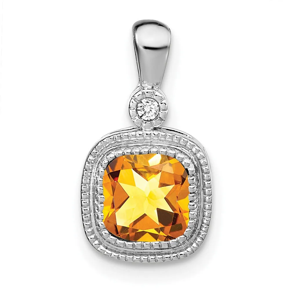 14k White Gold Cushion Citrine and Diamond Pendant