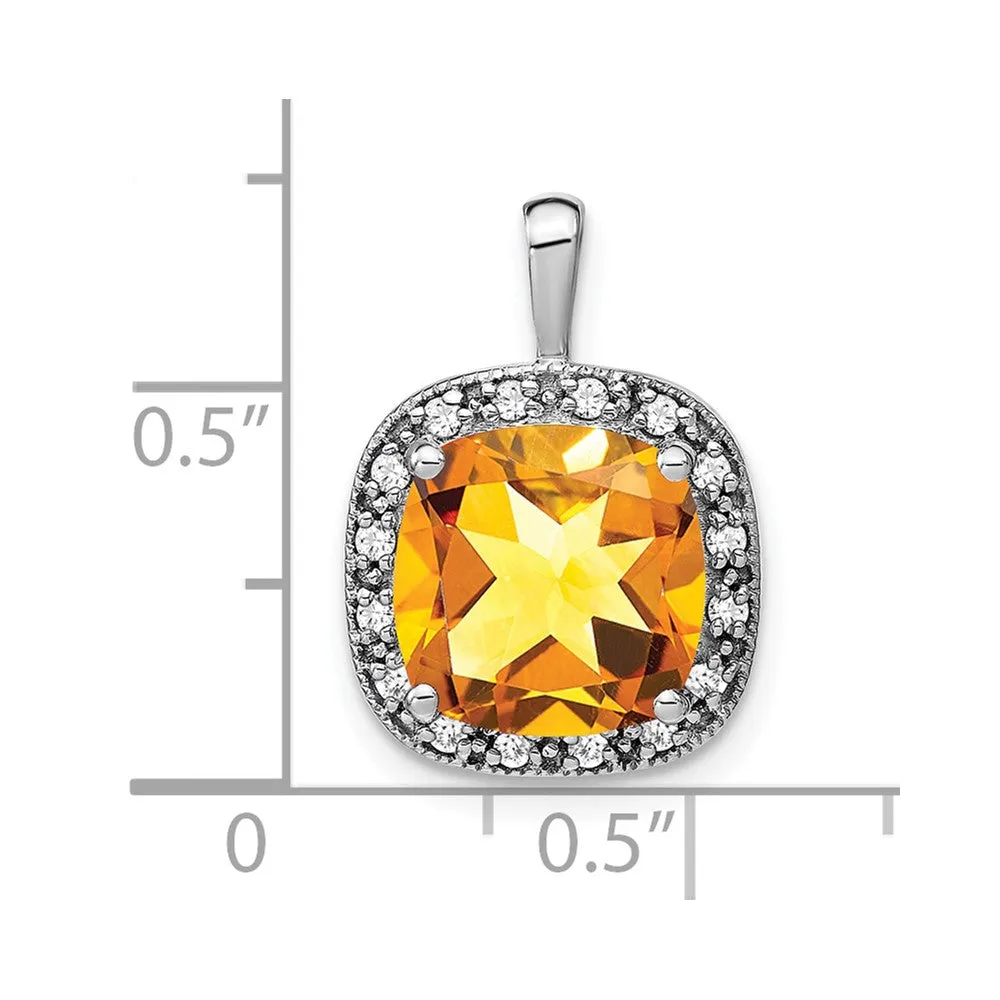 14k White Gold Cushion Citrine and Diamond Pendant