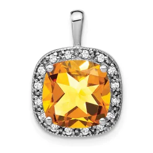 14k White Gold Cushion Citrine and Diamond Pendant