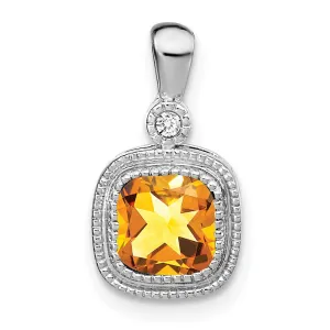 14k White Gold Cushion Citrine and Diamond Pendant