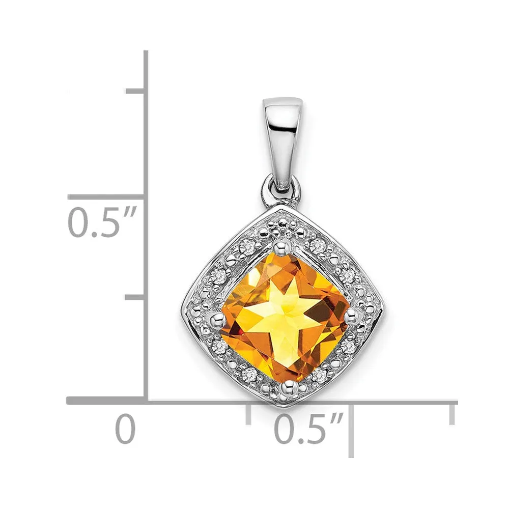 14k White Gold Cushion Citrine and Diamond Pendant