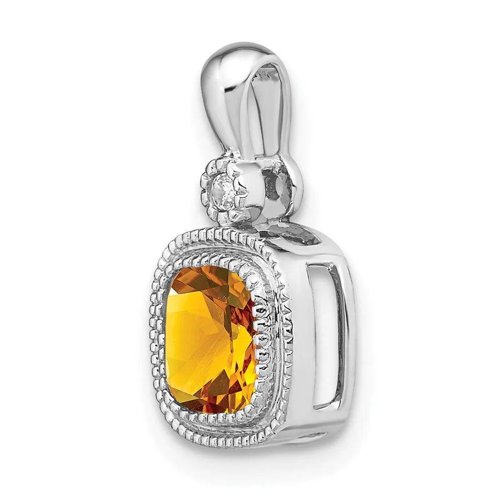 14k White Gold Cushion Citrine and Diamond Pendant