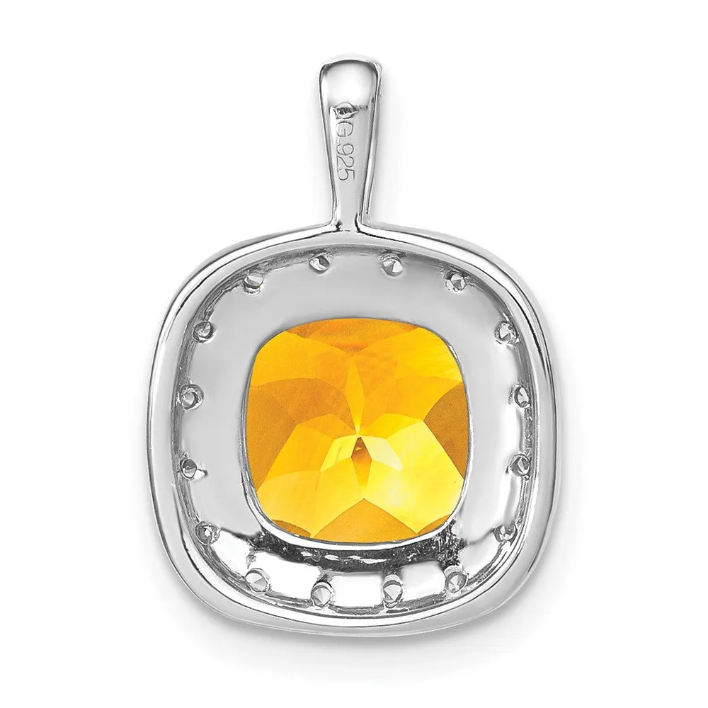 14k White Gold Cushion Citrine and Diamond Pendant